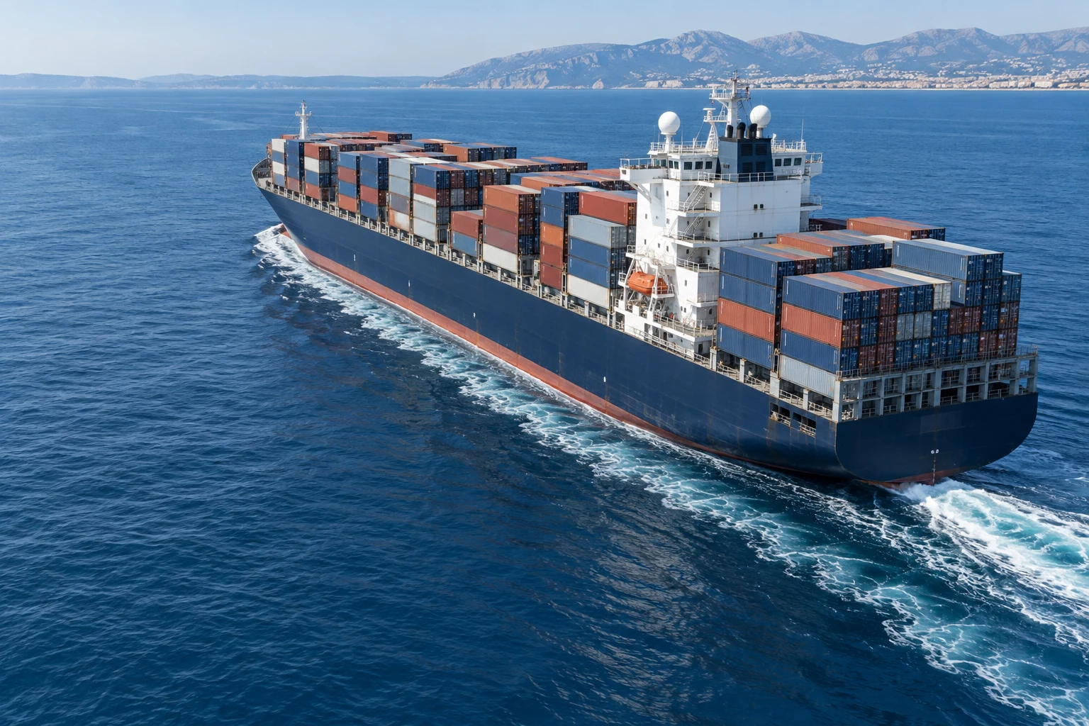 Illustrative modern merchant vessel with satellite communications at sea
